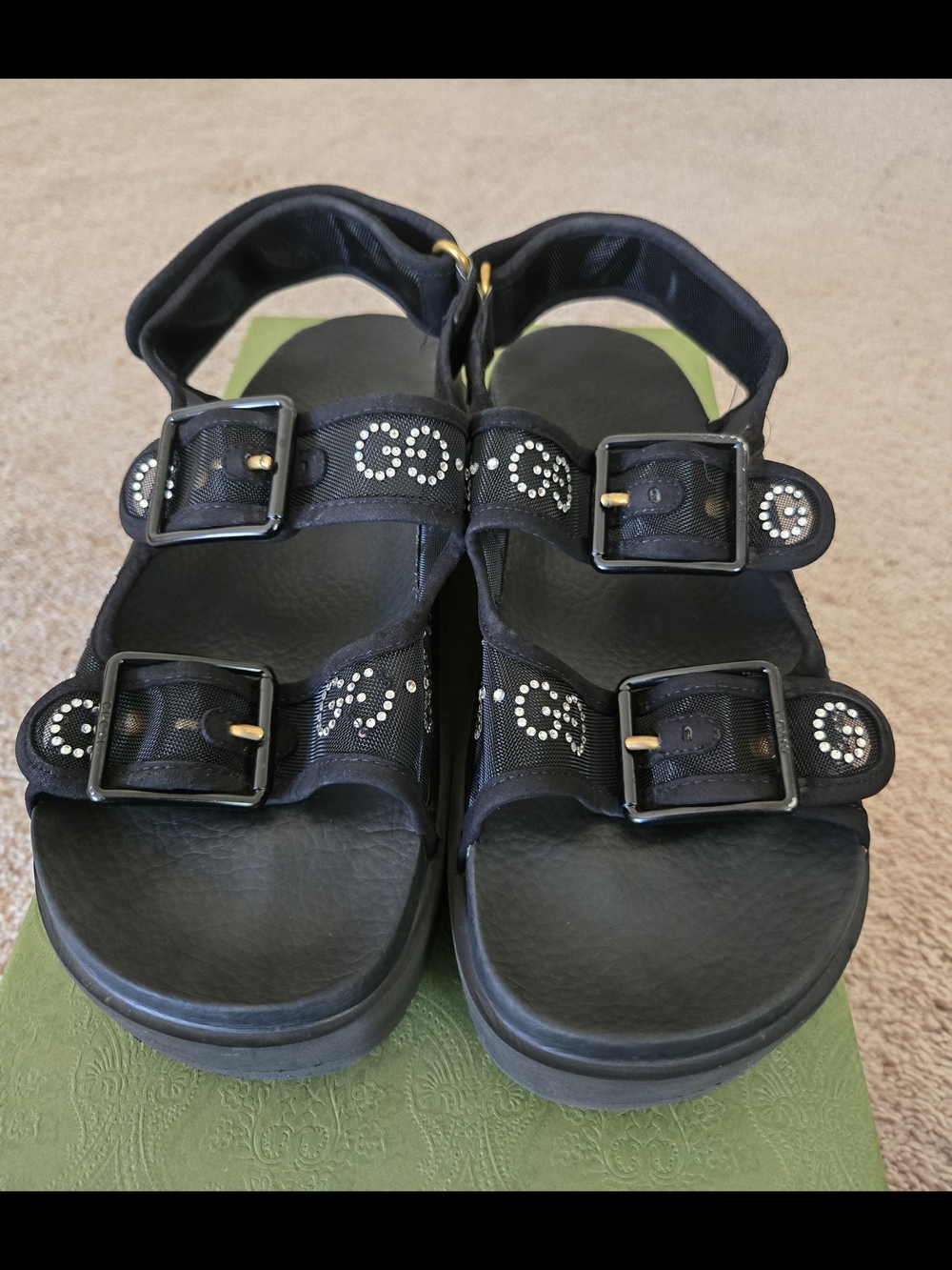 Gucci Womens Black Crystal-Embellished Logo Sandals